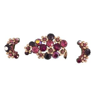 Albert Weiss Vintage Pink Purple Rhinestone Brooch & Clip‎ Earrings Set Signed
